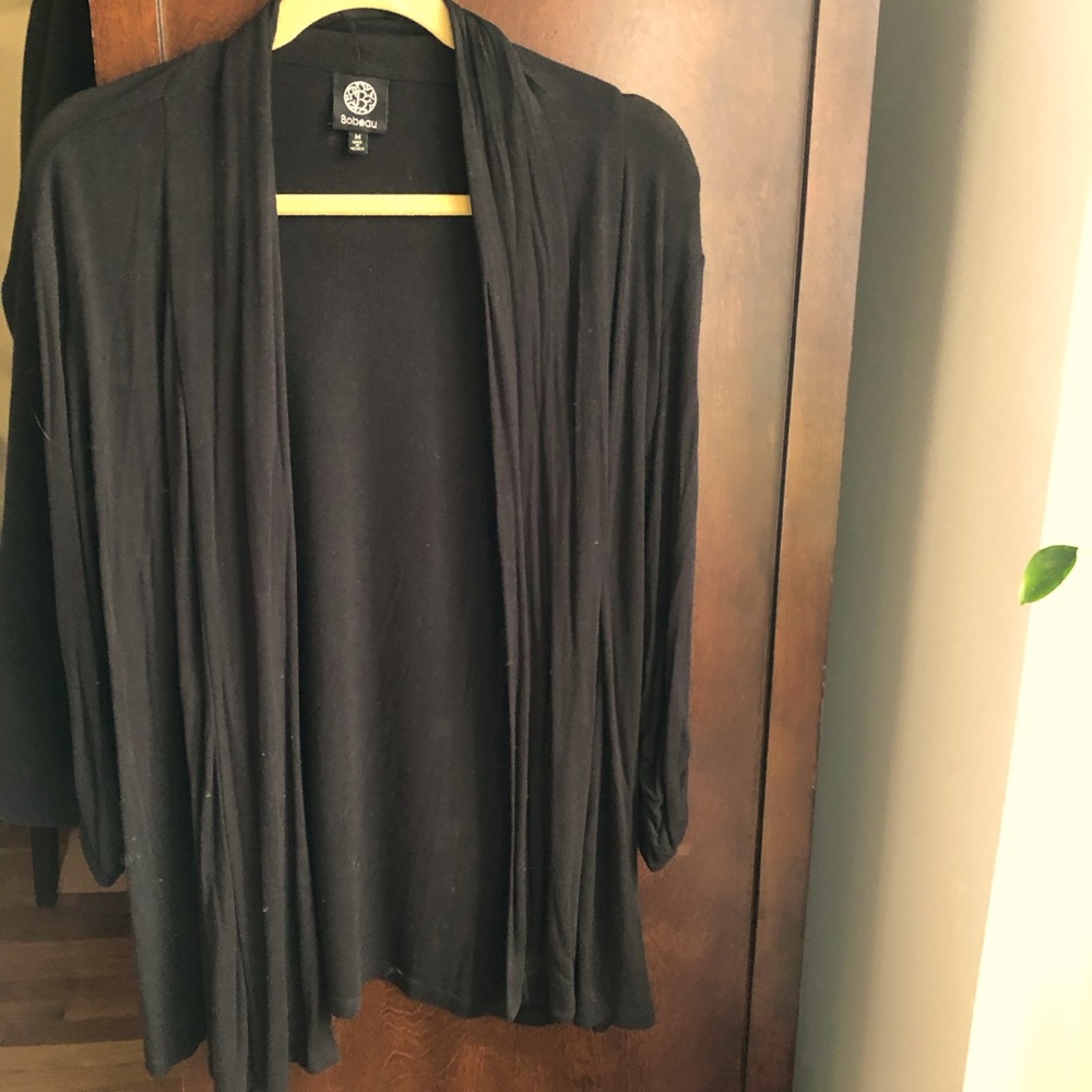BOBEAU Shawl Collar 3/4 scrunch sleeve waterfall cardigan in BLACK - Size Medium